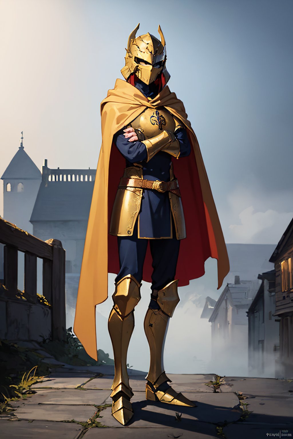 00069-2986420830-(masterpiece, best quality_1.2), full body, solo, 1other, crossed arms, helmet, armor, gold trim, cape, greaves, gauntlets, medi.jpg